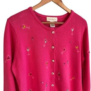 Susan Bristol 2005 Martini Cardigan XL Pink Knit Button Up Sweater Novelty Fun